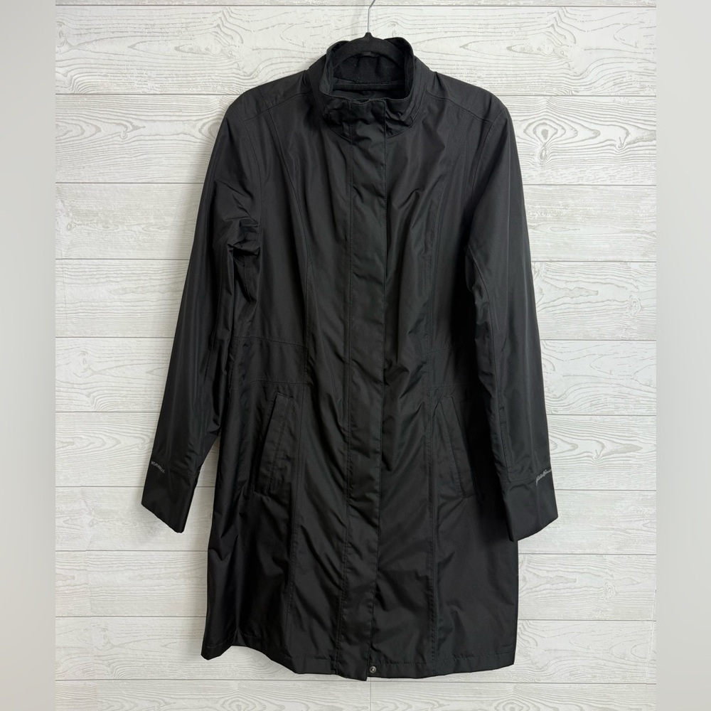 Eddie Bauer Women’s Black Nylon Midi Rain Coat. Size 10